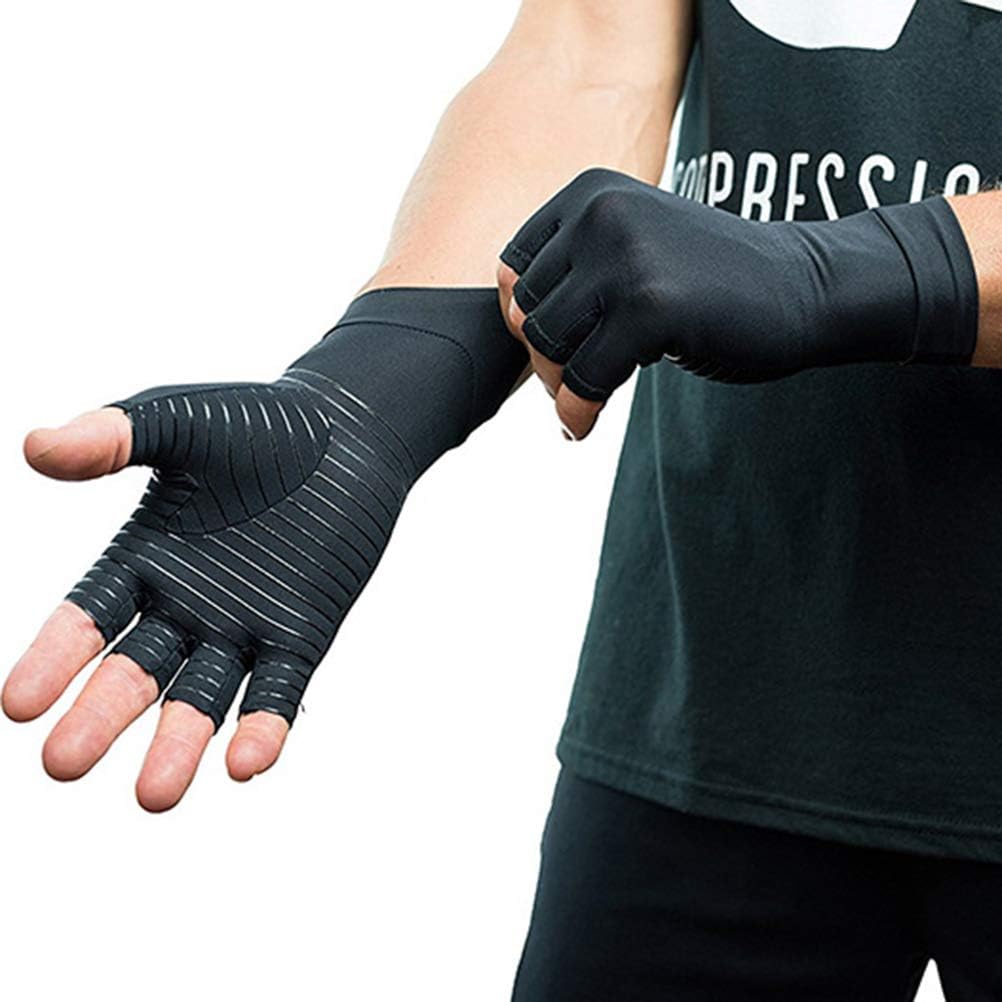 Copper Gloves, Fingerless Compression Arthritis Gloves with Anti Slip Lines for Hand Pain Relief, Sports, Gardening, Typing (black)