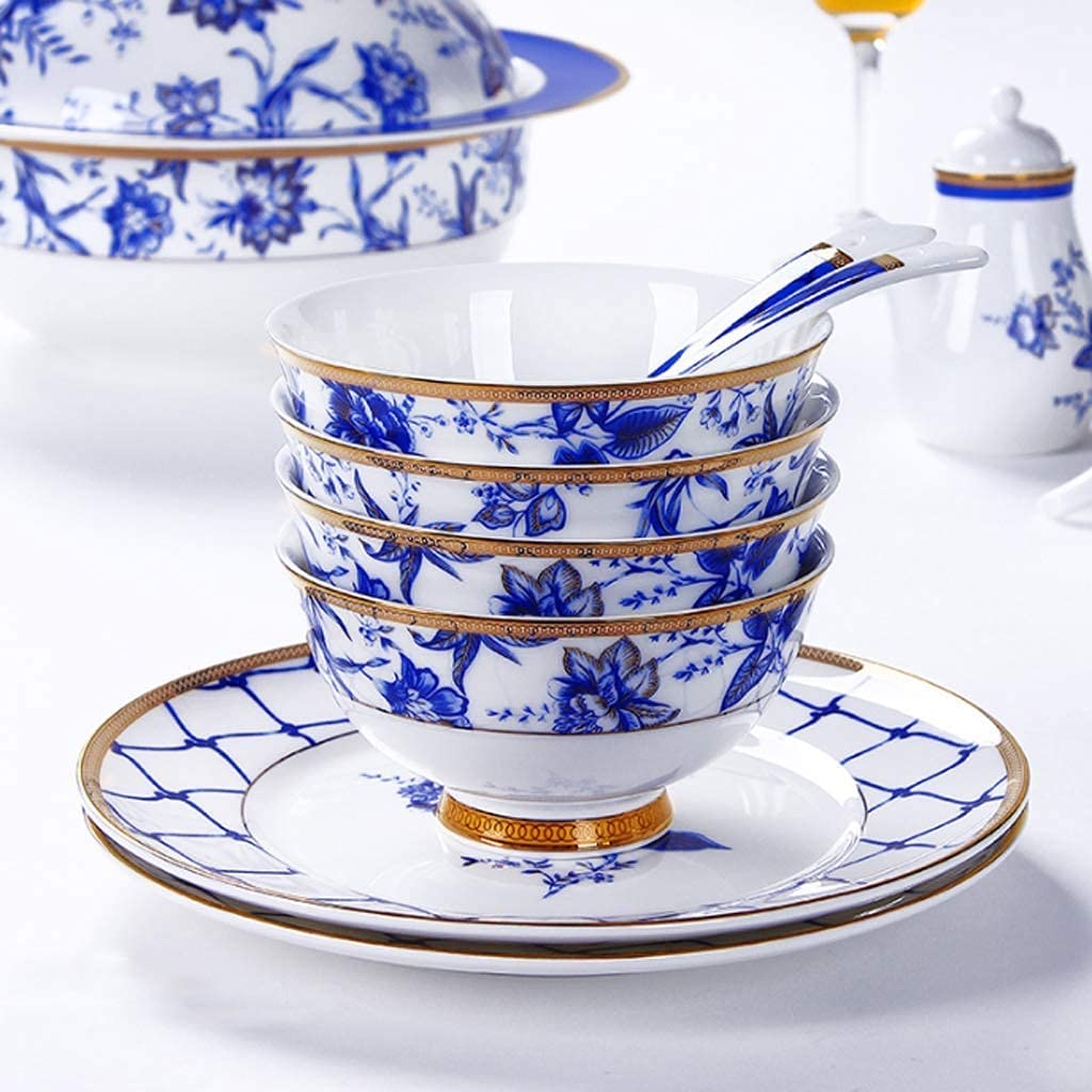 Zestawy naczyń ceramicznych, miski/talerze/garnki/łyżki | Zestawy naczyń z porcelany kostnej, nowoczesne zestawy z niebiesko-białym wzorem porcelany, zestawy 60-elem,-82pieces