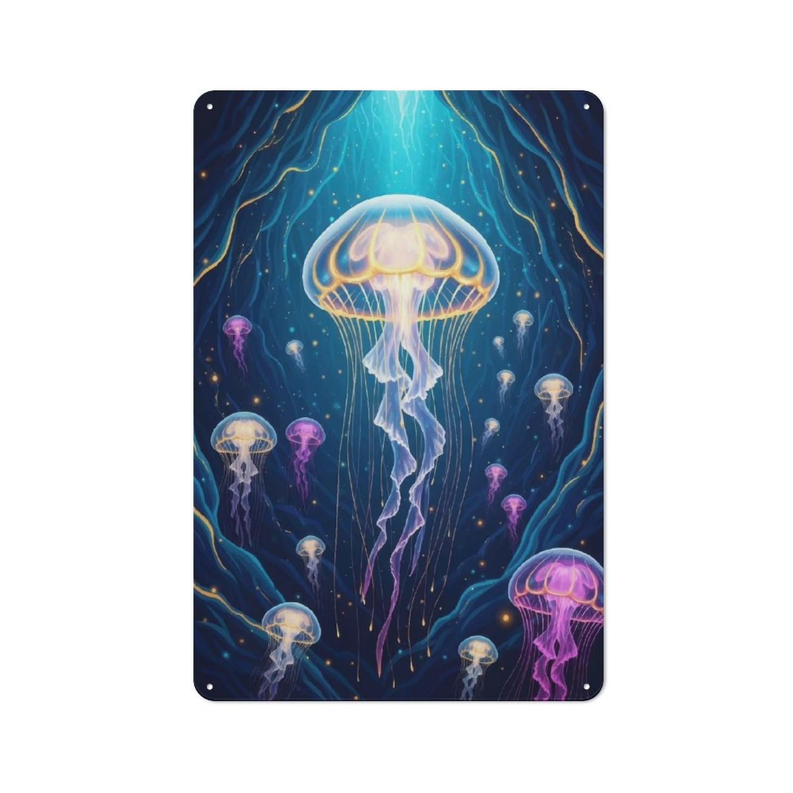 Junmoney Style-10 Garage Style Glowing Jellyfish In Deep Blue Sea Decorative Metal Plaque 30X20cm, Garage Wall Decor For Workshop, Basement, Shed Or Games Room