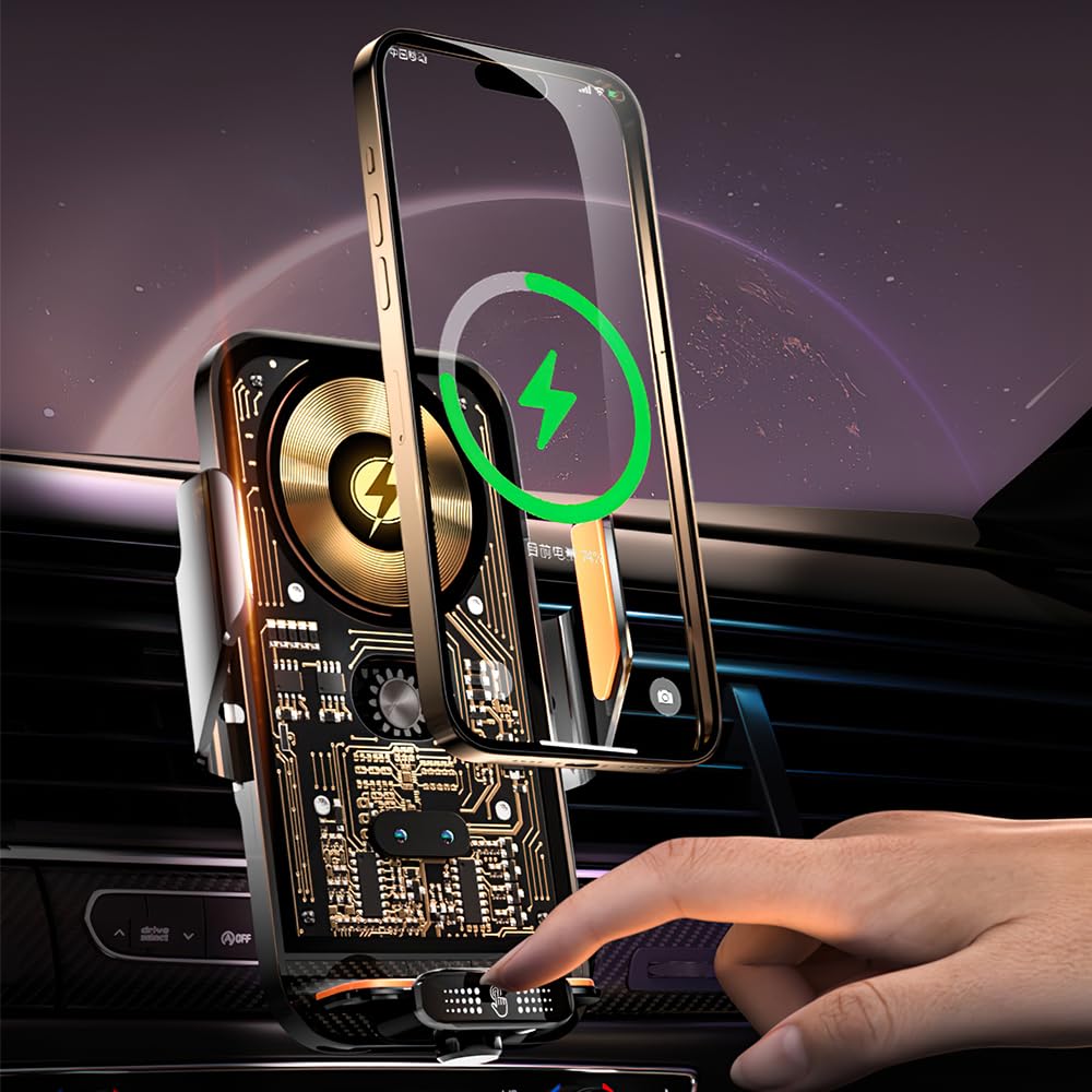 OBEST Cargador Inalámbrico Coche Navegador Soporte para Teléfono Móvil Inducción Infrarrojos 15W Carga y 2 Adaptadores Magnéticos Compatible con Todos Los Teléfonos Móviles