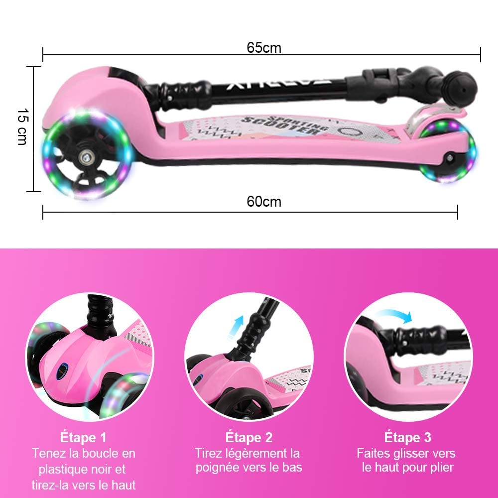 YOLEO Trottinette Enfants Pliable, Trottinette 3 Roues avec LED Roues Plateau Antidérapant, Trotinette réglable en Hauteur