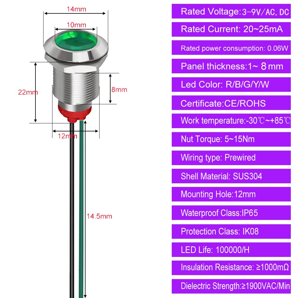 5 LED Indicator Rossi 8mm - Per Pannelli, 3V-9V, Impermeabili, Con Filo - Foto 7