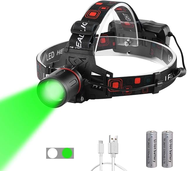 WESLITE Green Light Head Torch for Night Vision, Ultra Bright Green Headlamp USB Rechargeable LED Hunting Headlight Zoomable Green Head Light for Hunting Fishing Camping (White & Green Light)