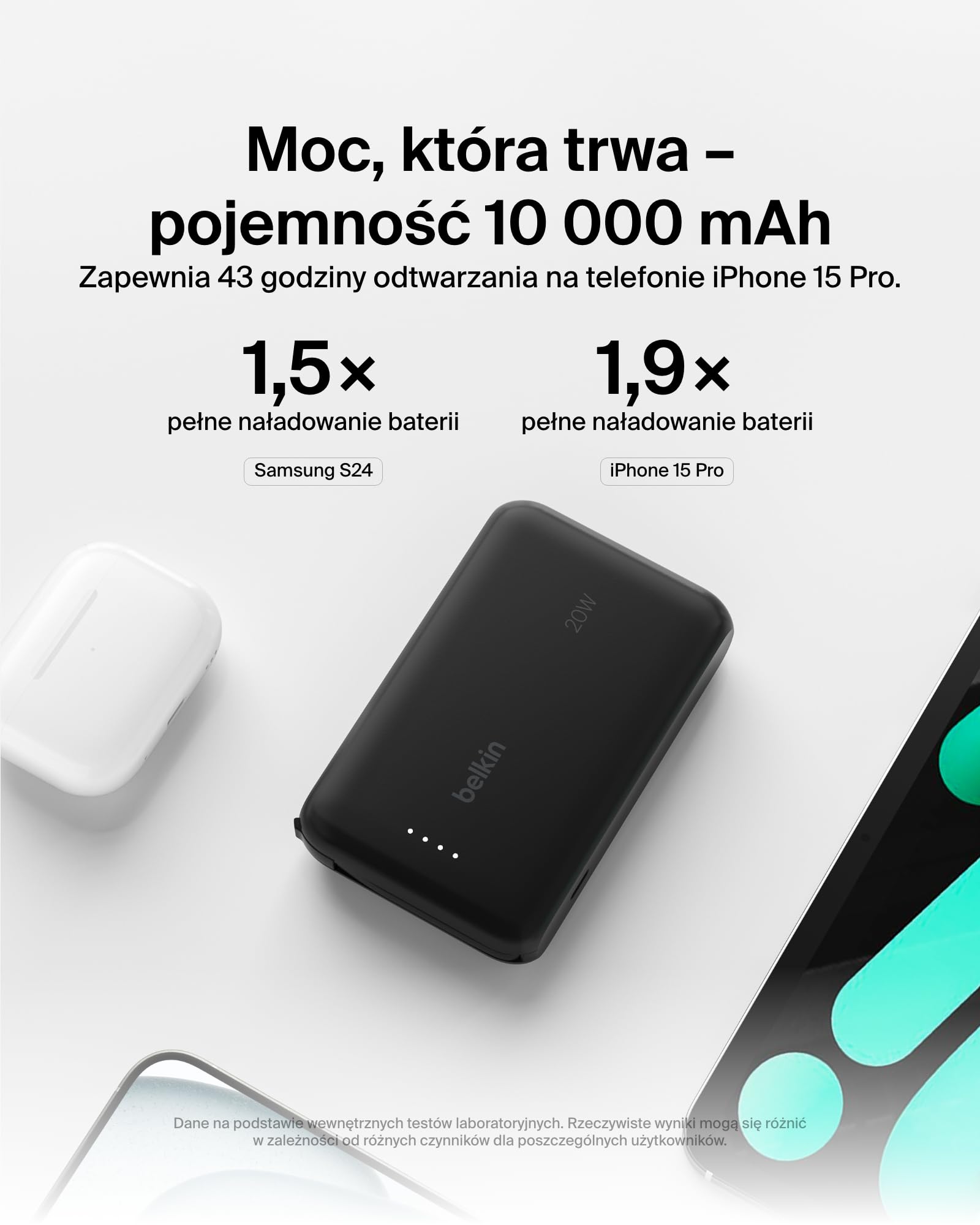 Belkin BoostCharge powerbank, przenośny powerbank 10 000 mAh PD 20 W ze zintegrowanym kablem – szybkie ładowanie USB-C Power Delivery dla urządzeń iPhone serii 16, iPad Pro, Galaxy S24 i innych