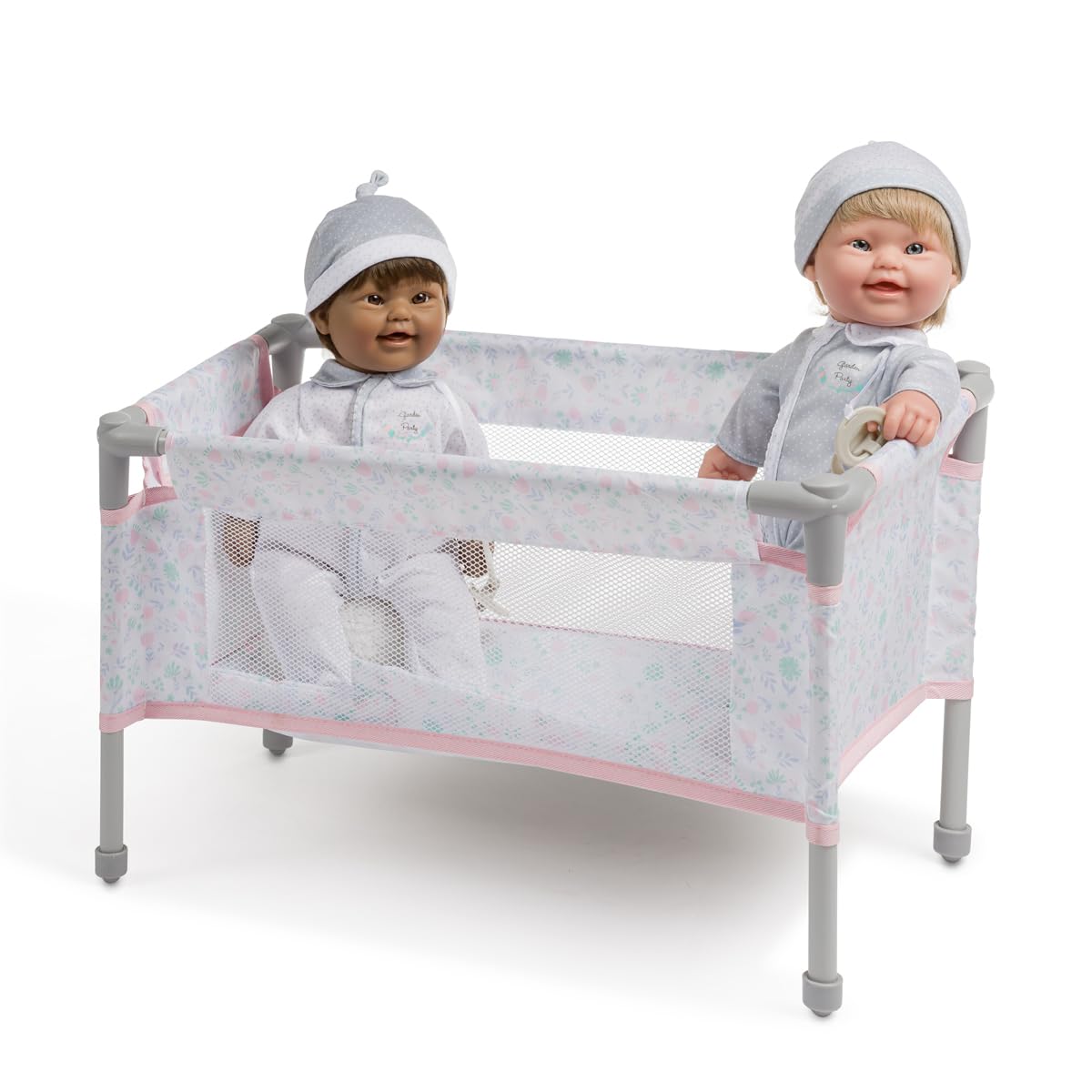 JC Toys - Składane łóżeczko podróżne - Park dziecięcy, lalki do 45 cm, łatwe do złożenia i demontażu, w zestawie torba, poduszka i koc, dekoracja kwiatowa, zaprojektowana przez Berenguera, 3 lata