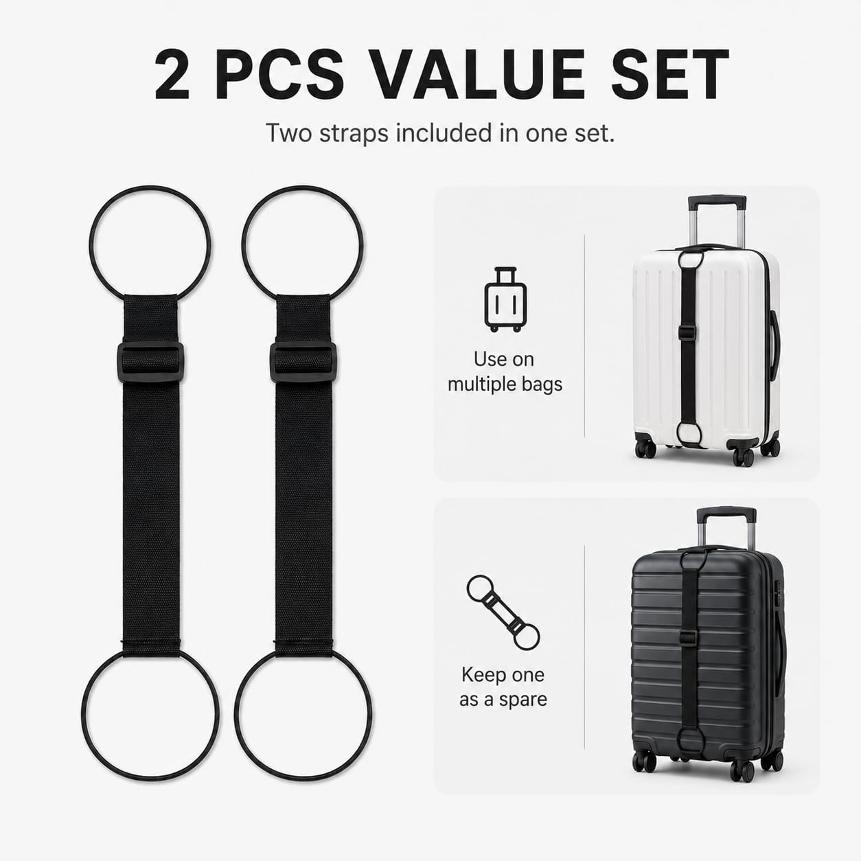2-Pack Elastic Luggage Straps for Attaching Extra Bags to Suitcase – Lightweight Bungee Belts for Travel