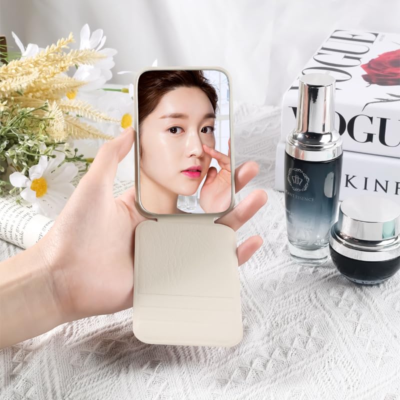 Image of Travel Mini Makeup Mirror(11 x 7cm),Portable Folding Mirrorwith Stand,Light weight and Slim Design for Purse,Travel,Use Anywhere,Easy Portability,Fits in Purse,Bag,Pocket (OFF WHITE-PACK OF 1)