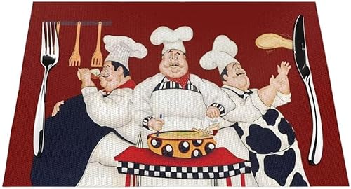 Miniatura 14 de Juego de 4 manteles individuales de tela de chef de cocina, manteles individuales de lino con patrón de cocinero gordo de dibujos animados,