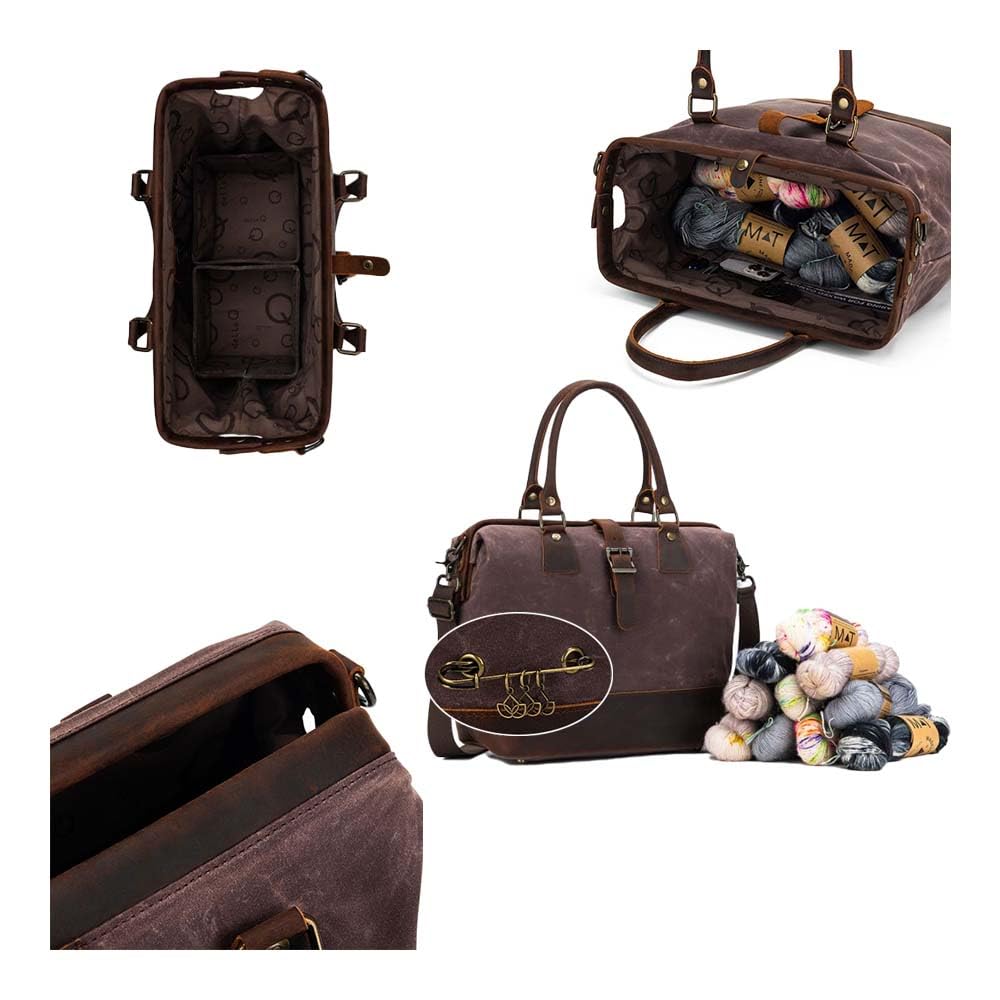 Della Q 107029 Makers Satchel-Bolsa de Lona Hecha a Mano para proyectos de Punto o Ganchillo, Cuero Lienzo, Verde Oliva, 34cm x 30cm x 18cm