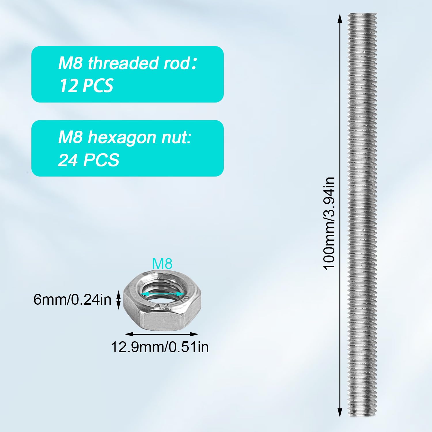 Barra Filettata M8 in Acciaio al Carbonio - 12 Pezzi da 100 mm - Adatta per Settori Chimico, Petrolifero, Elettronico, Macchinari e Altri Campi