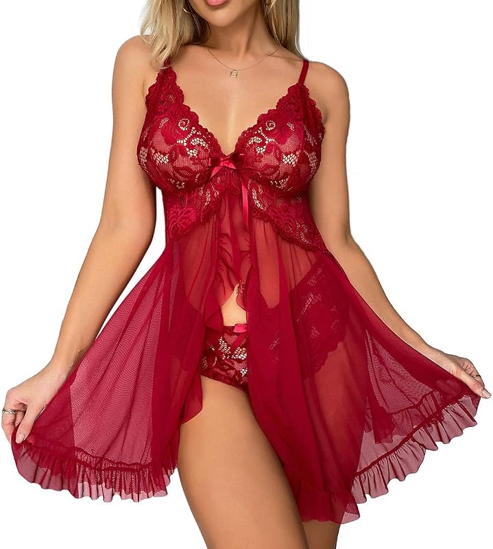 Women Sexy Lingerie Open Front Babydoll Dress Lace Chemise Sleepwear Mesh Nightgown with Thong