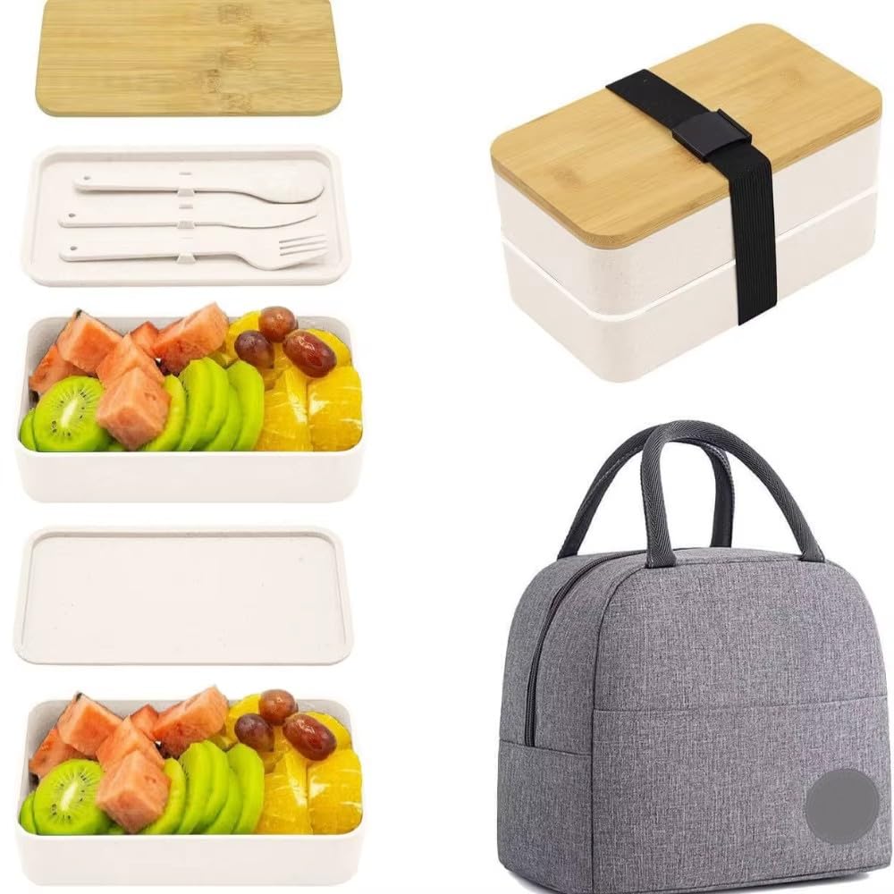 1200ML Podzielony Lunch Box Piknikowy Mikrofalowy Drewniana Pokrywa Bento Box Przenośny Dwuwarstwowy Pojemnik Na Żywność Dla Dzieci
