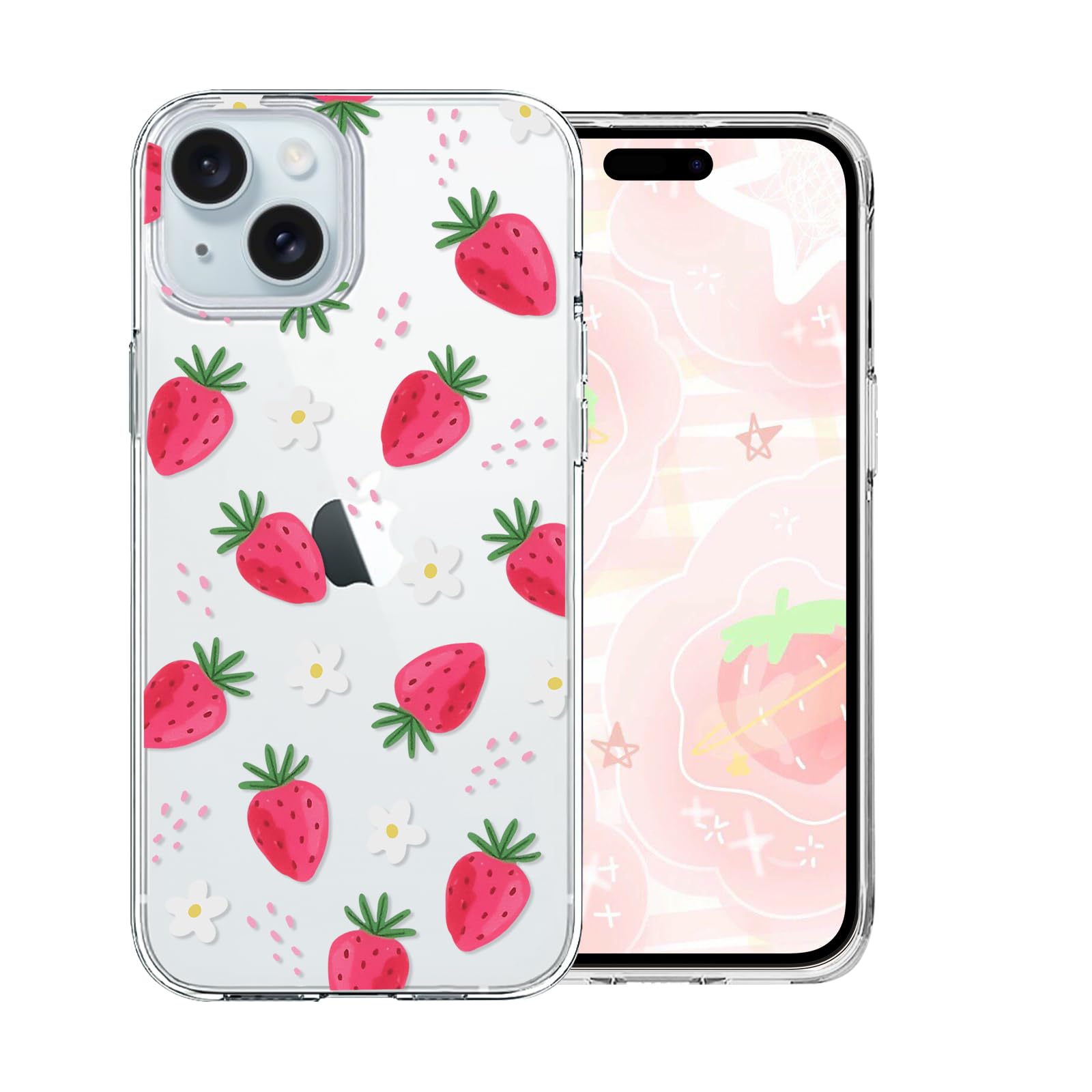 Cute Phone Case for iPhone 15 Plus 6.7 Inch with kawaii Strawberry Daisy Flower Design,Clear Slim Soft TPU Shockproof Protective Cover Compatible for iPhone 15 Plus for Women Girls Kids