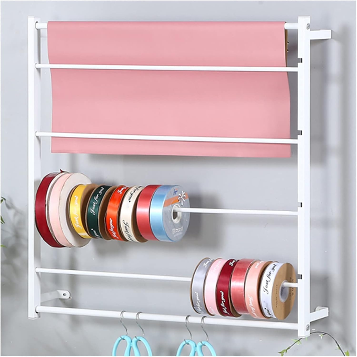 Wall Mount Ribbon Organizer Holder,Metal Wrapping Paper Display Rack with Extra Hooks,Scarf Shelf,Cakes/Flowers/Gift Shop,Black,67X67Cm/26X26Inch