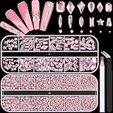 3220Pcs Pink Glass Nail Rhinestones 120Pcs Multi Shapes Flatback Gems Crystal + 3100Pcs 1.5-4mm Round Beads, Manicure Diomand Jewelry Gemstones for Nail Design Makeup Acrylic Nails Decoration