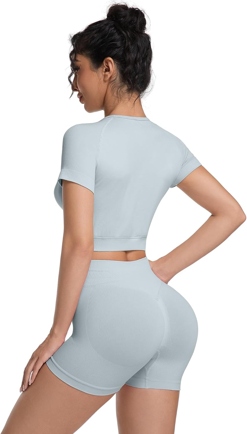 OVESPORT 2 Piece Workout Sets for Women Impact Crop Top Shirts and Seamless Gym Shorts Outfits - Image 2