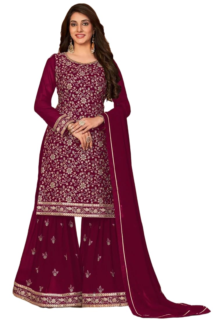 Xomantic Fashion Women's Embroidered Georgette Pakistani Suit Salwar Kamez Dupatta Set (Small, Dark Pink)