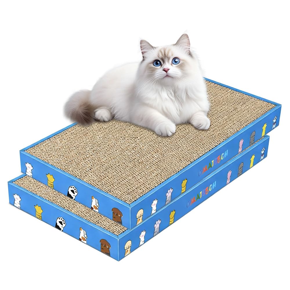 OMATSBEH Cat Scratching Board 2 Pack – Reversible Cardboard Scratcher for Indoor Cats, Corrugate Cat Scratcher, Double-Sided Usability as Furniture Protector (Blue-2 Pack)