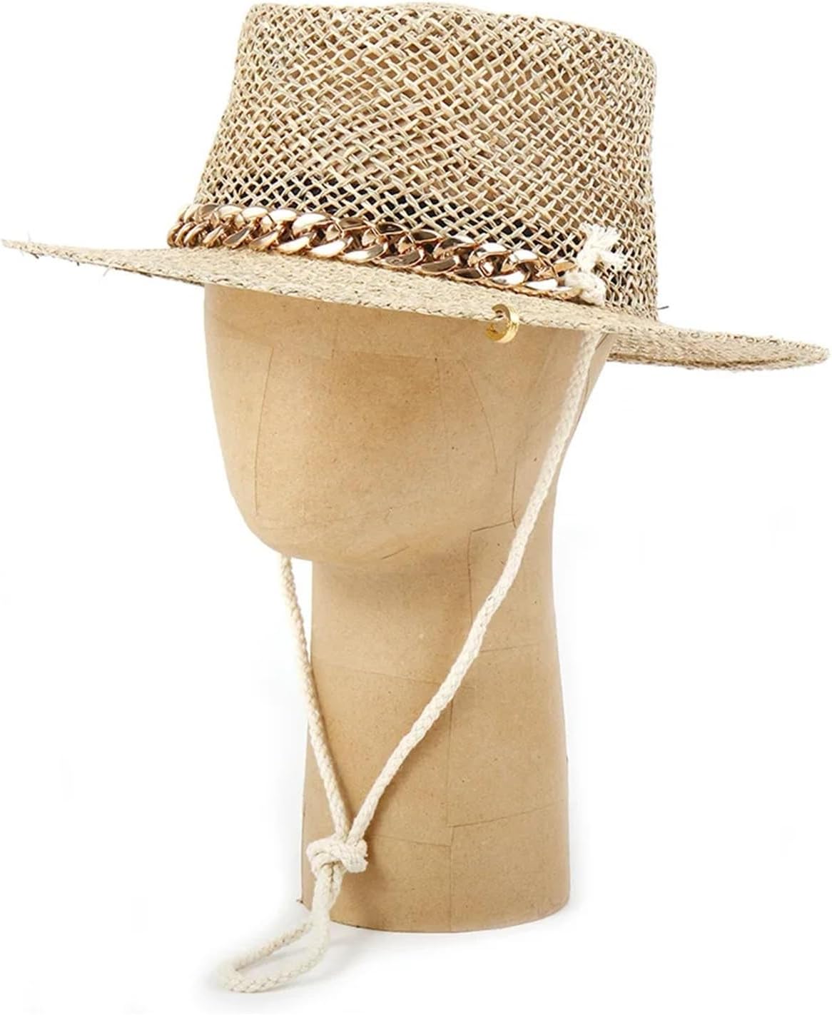 European American Style Pin Design Straw Hat Female Letter Sun Hat Fashion Metal Chain Sunshade 55-57cm