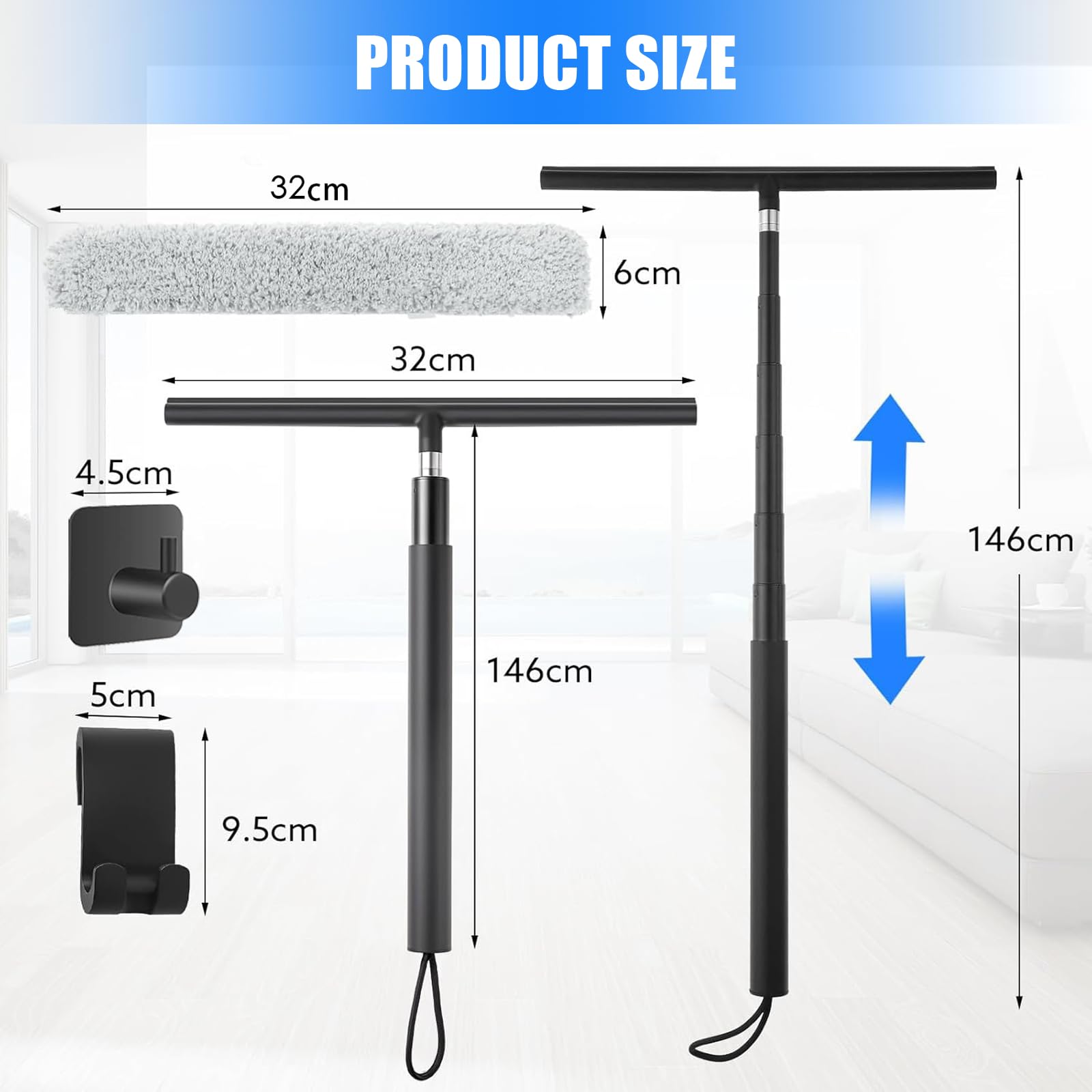 Raclette de Douche Telescopique 120-146cm, Raclette à Vitre en Silicone pour Sol et Douche, avec Gaine en Microfibre et Crochet, Lave Vitre, pour Carrelage, Cuisine