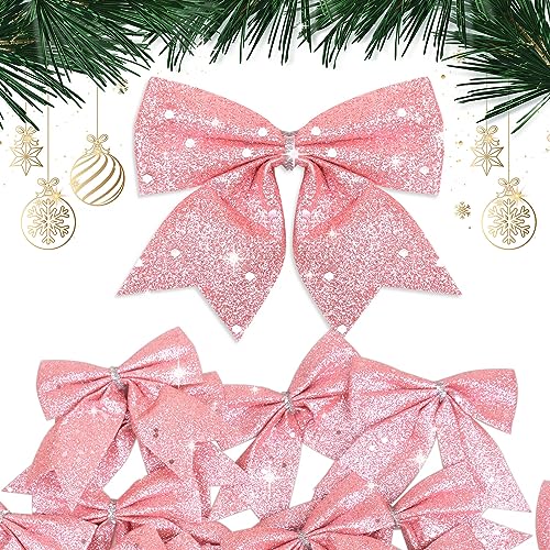 BHGT 24 Stück Weihnachten Schleifen 10x9cm Weihnachtsschleifen Glitzer Schleifen Weihnachtsbaum Bogen Tannenbaum Schelifen Weihnachtsdeko Weihnachtsbaumschmuck Weihnachtskranz Deko (Pink)