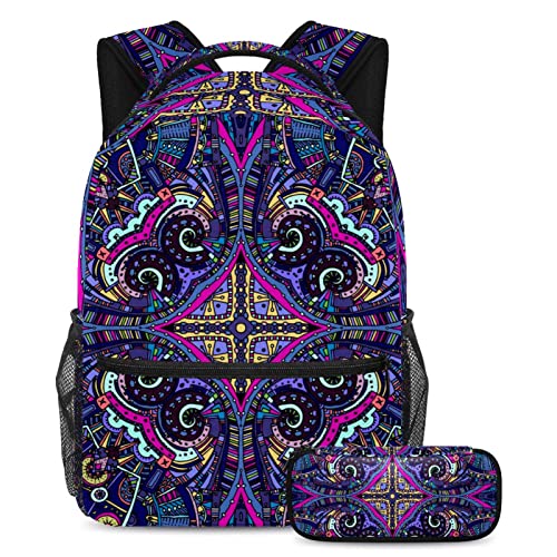 Sac à dos de voyage ethnique avec trousse scolaire et poche gourde pour enfant et ado