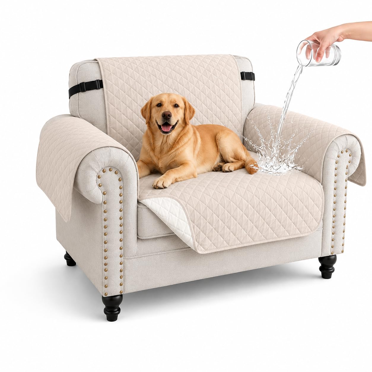 Hiiksolo Water Resistant Sofa Cover, Checkered Pattern with Non Slip Elastic Straps, Couch Protector for Dogs, Settee Covers Furniture Slipcovers, 1 Seater Ivory White