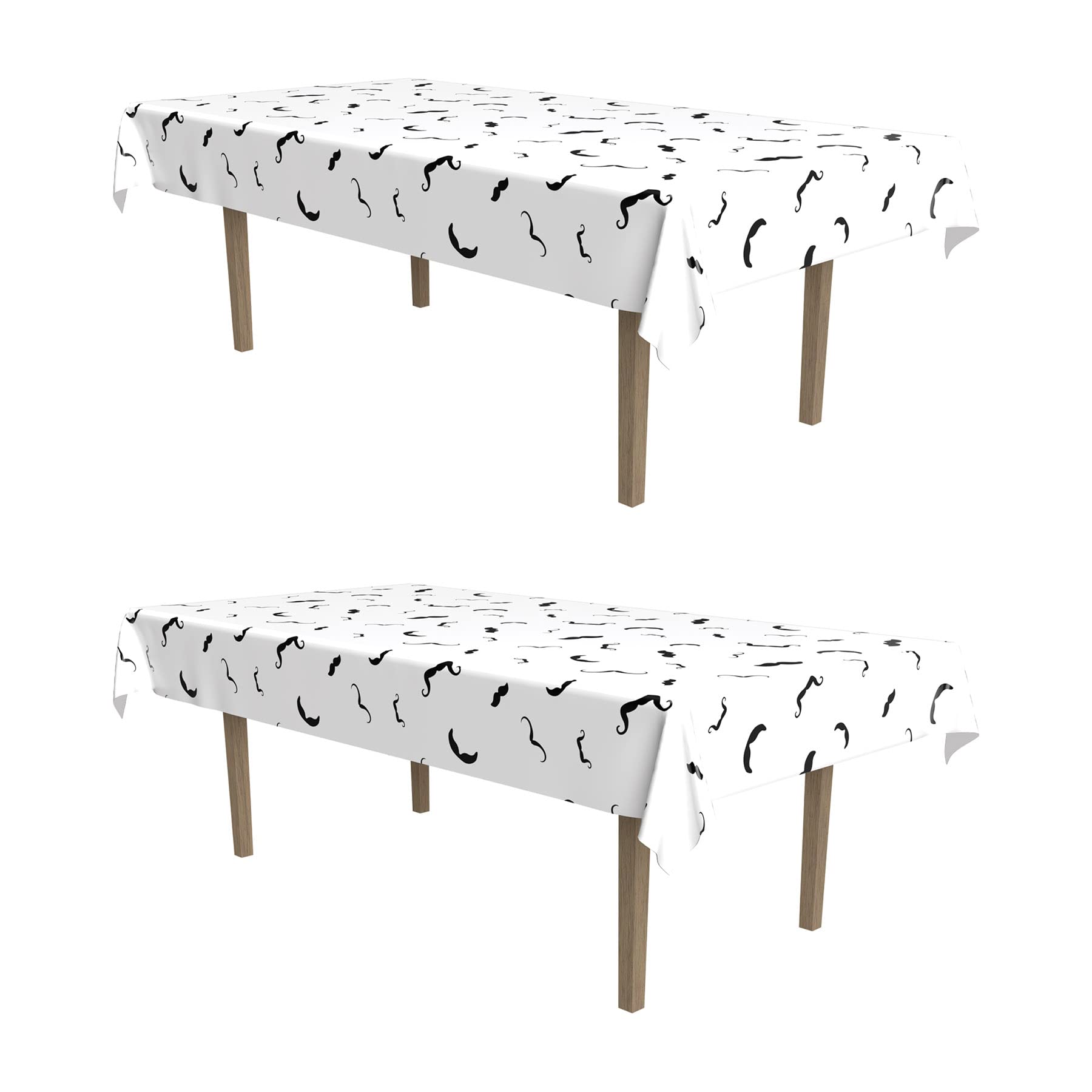 Beistle 2 Piece Plastic Rectagular Moustache Table Covers for Western Theme Tableware Decorations, White/Black, 54" x 108"