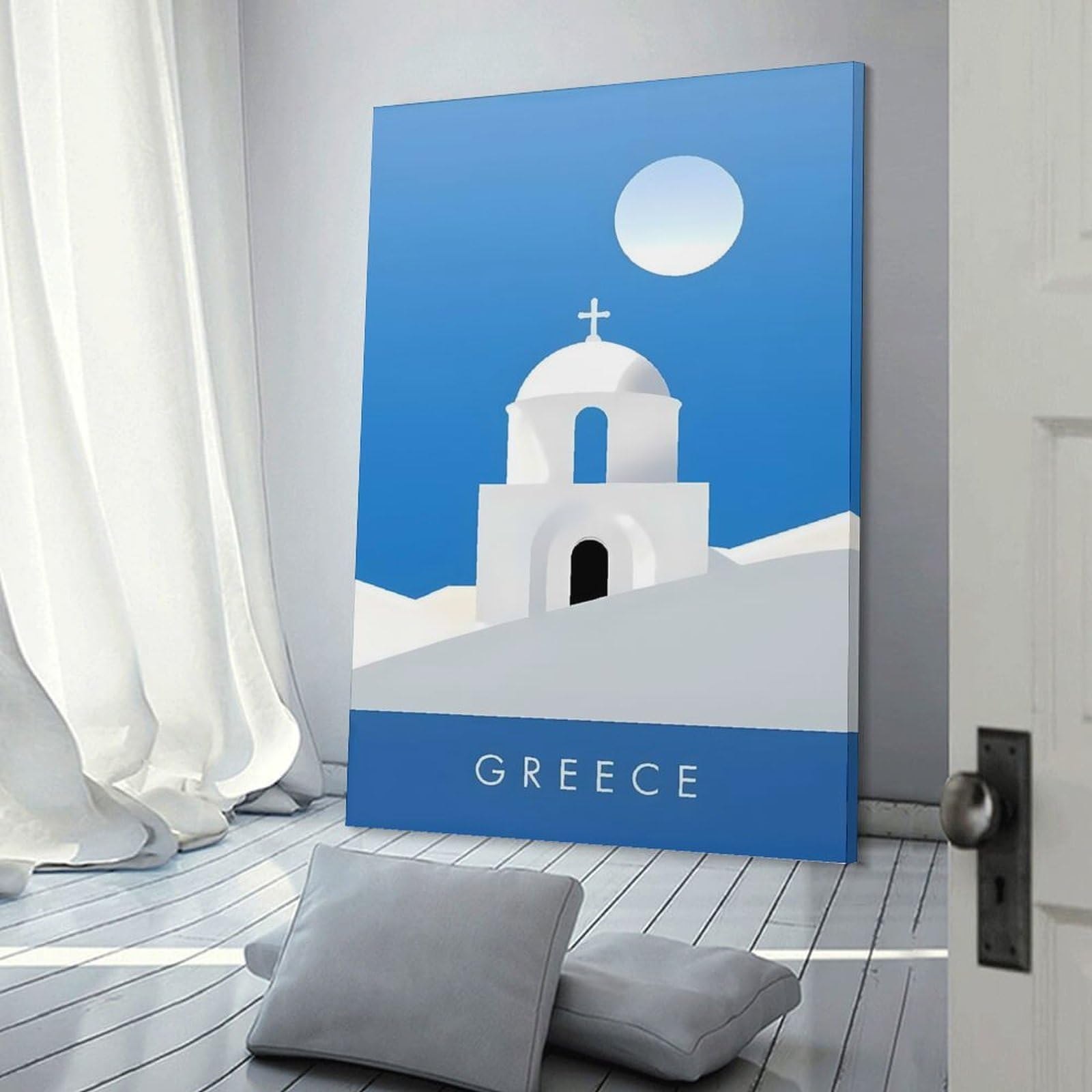 Junmoney Canvas Wall Picture Greece Minimalist Travel, 24x36inch(60x90cm), for Gallery Wall Decor And Room Displays, Decorative Artwork with Flexible Styling
