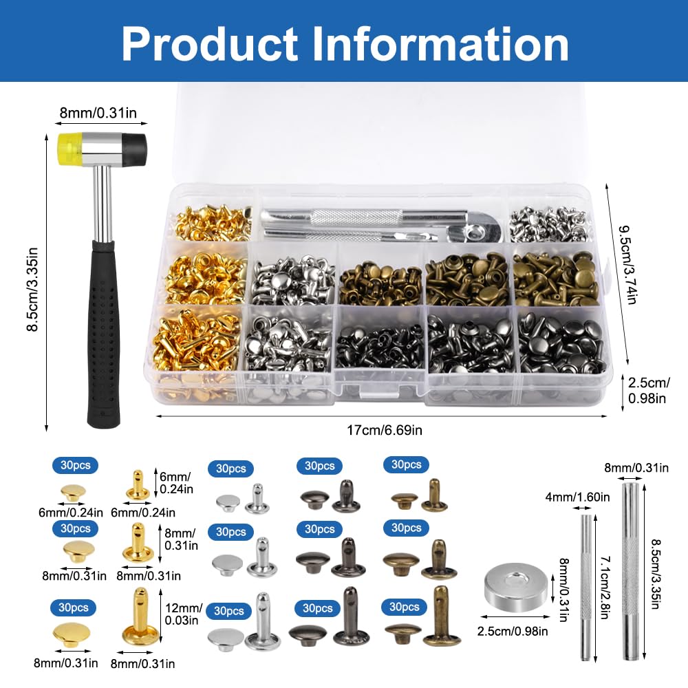 Kit De 364 Rivets Pour Cuir En 4 Couleurs Et 3 Tailles - Avec Outils (marteau, Poinçons) Pour Bracelets, Ceintures, Sacs