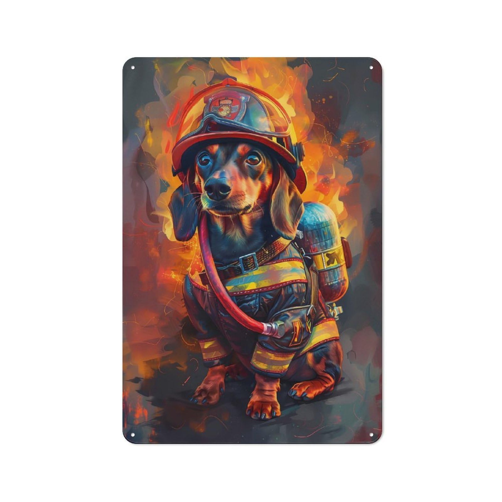 Junmoney Firefighter Dachshund Metal Wall Sign 30X20cm Featuring For Pub Or Café, For Kitchen, Dining Room And Home Bar Wall Decor