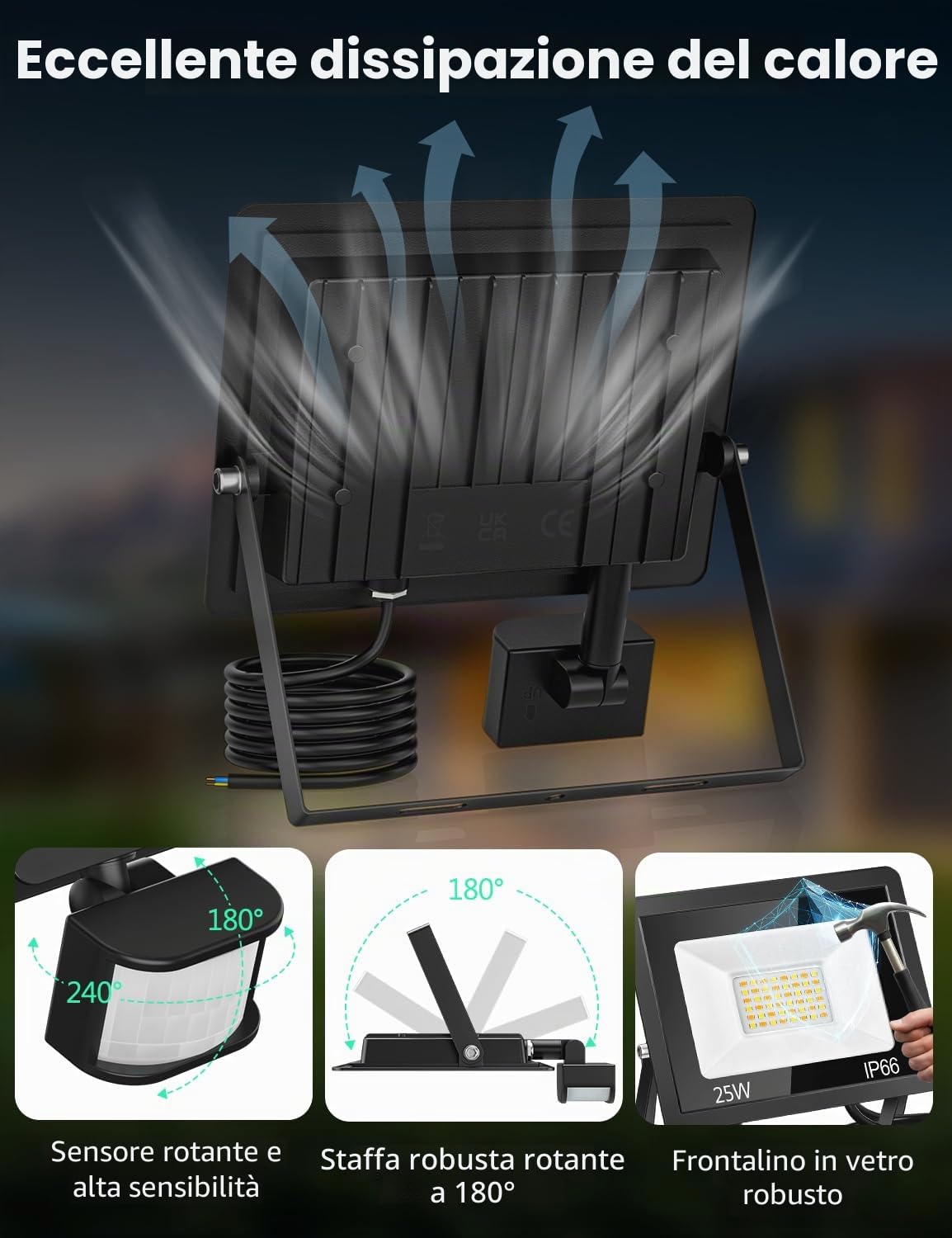 Faretto LED da Esterno con Sensore di Movimento 25W, 48 Led 3000K/4000K/6500K IP66 Impermeabile, Telecomando, 2100LM Luci Faretto LED Interno ed Esterno per Giardino, Cortile