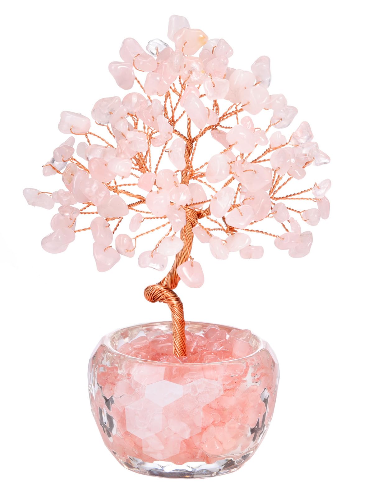 JSDDE Rose Quartz Crystal Tree Healing Crystals Stones Tree with Glass Base Gemstone Tree for Positive Energy Office Decor Fengshui Tree Gift
