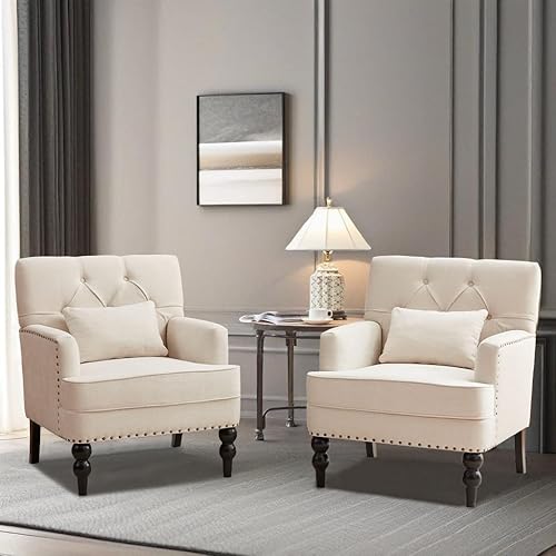 Miniatura 28 de HUIMO Silla de club copetuda, silla decorativa con almohada lumbar, sillón con botones de tela de lino, sillas tapizadas para dormitorio, sala de