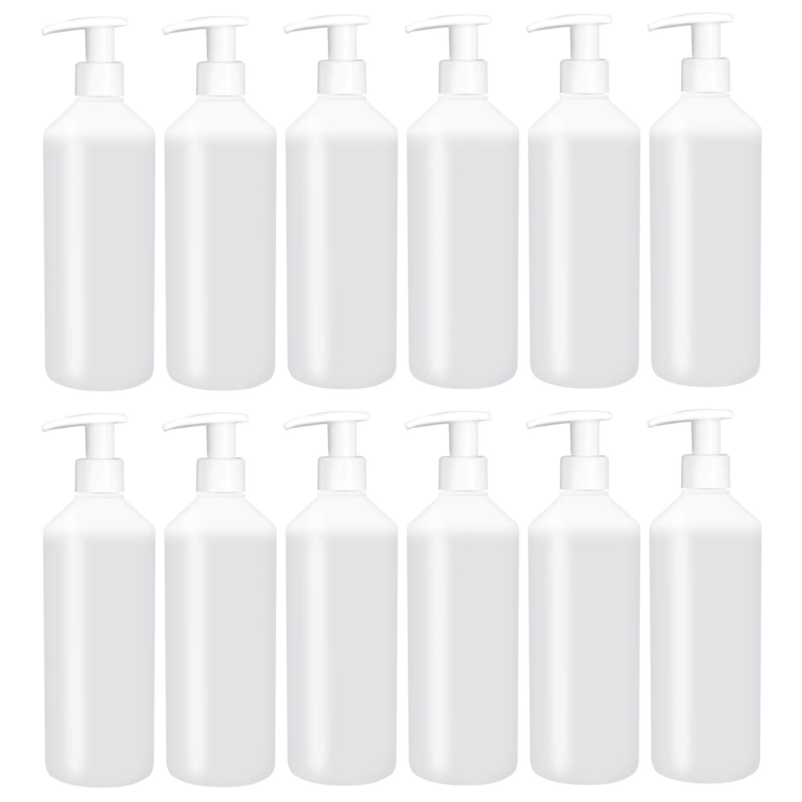 500ml Empty Refillable HDPE Solvent Resistant Plastic Bottles Lotion Pump for Sanitiser, Shampoo, Conditioner (Pack of 12)