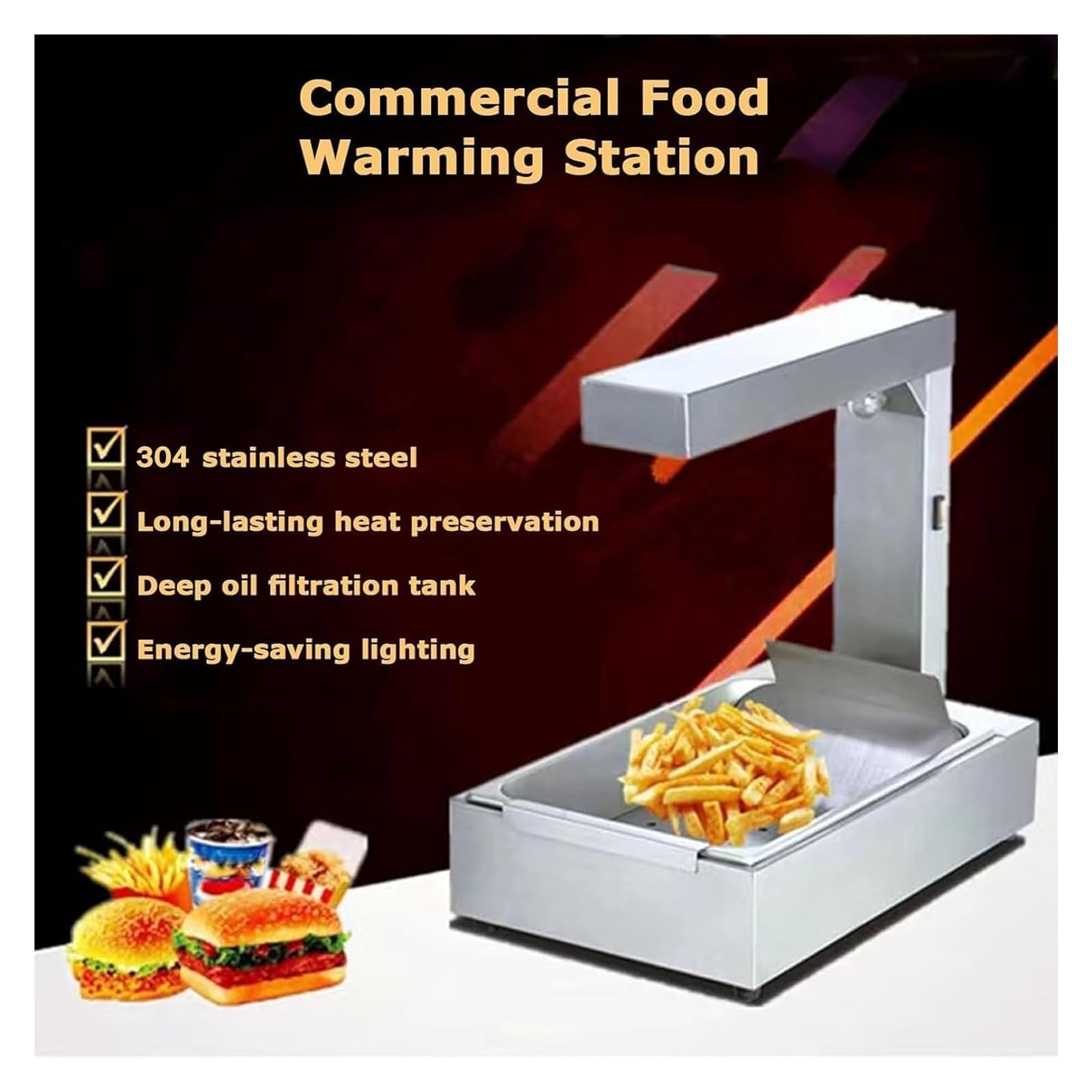 Stufa per friggere in acciaio inox commerciale – Lampada riscaldante per alimenti per ristoranti e cucine domestiche, soluzione di riscaldamento efficiente per patatine fritte appena cotte