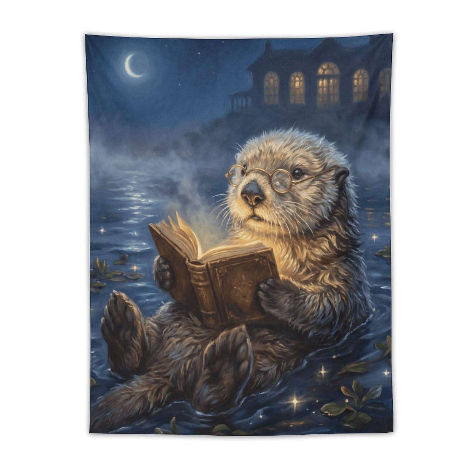 W7C8U2X3 Moonlit Reading Otter Wall Tapestry, Realistic Illustration