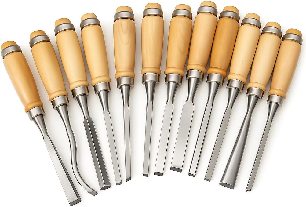 WEDGE 12-Piece Wood Carving Chisel Set | 7.5" Size | Wooden Handles | Multi-Shaped Durable Steel Blades | Vinyl Storage Pouch Included