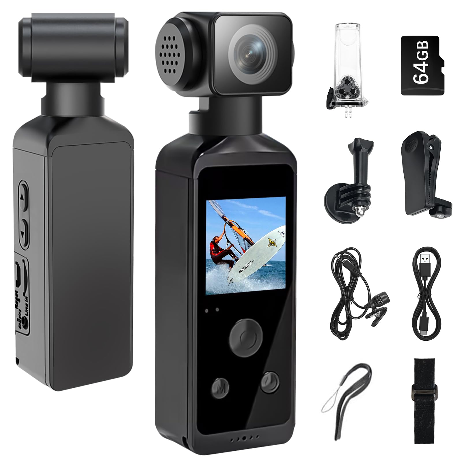 WOWAWOLA 5K Körperkamera Bodycam Vlog Kamera, Sports Action Cam mit 270° drehbarem Objektiv, Pocket Action Cam für Reisen, Outdoor-Sport, Fahrrad, Clip und 64 GB TF-Karte im Lieferumfang enthalten