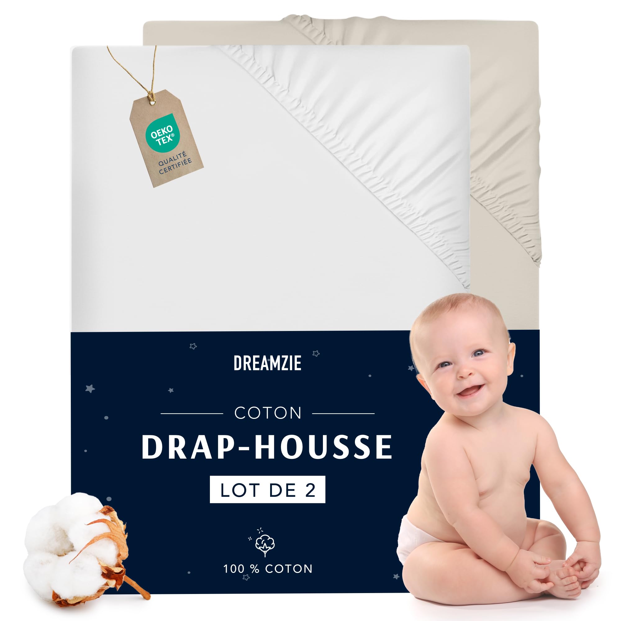 Set of 2 Jersey Cotton Fitted Sheets - For Mattress Set of 2 (60 x 120 x 12 cm), for Baby Bed, Certified Free from Chemical Products (OEKO TEX), White and Beige, Fitted Sheets with Elastic