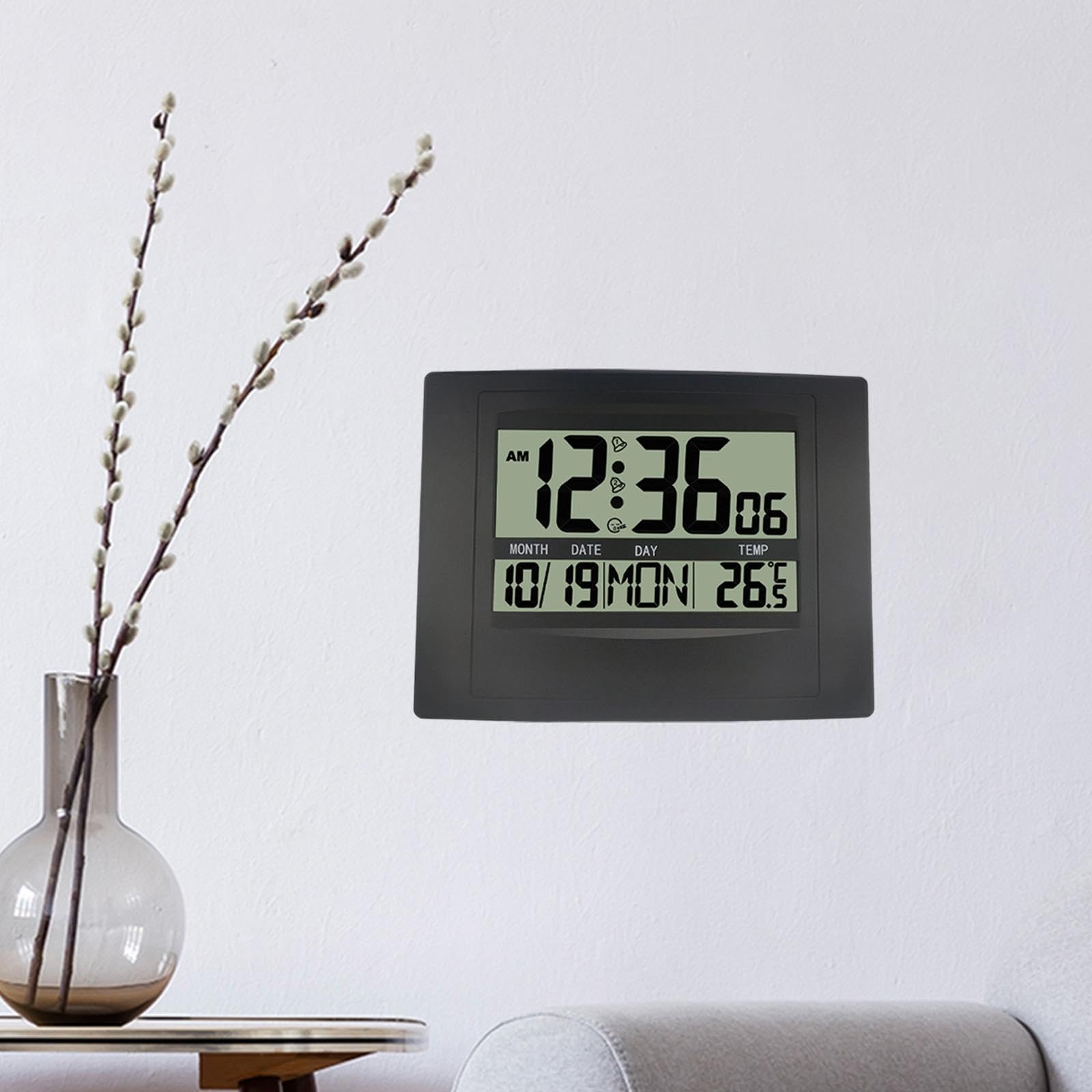 Digitale Wanduhr, geräuschlos, mit Datums-, Innentemperatur- und großem Display, für Nachttisch, Büro, Schlafzimmer oder Wohnzimmer, Schwarz
