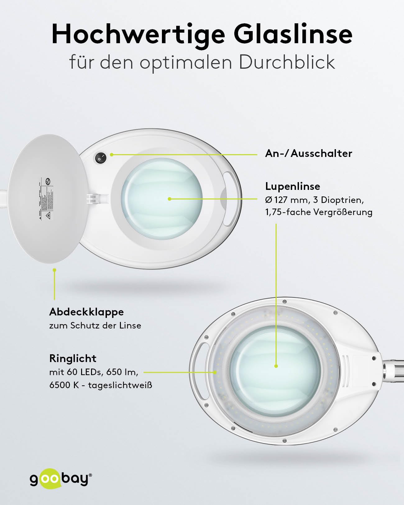 goobay Lupenleuchte/LED Lupenlampe aus Plastik / 8 W Leistungsaufnahme, Farbtemperatur 6500 K/Lichtstrom 650 lm/Betriebsspannung 230 V (AC) 60361, Weiß