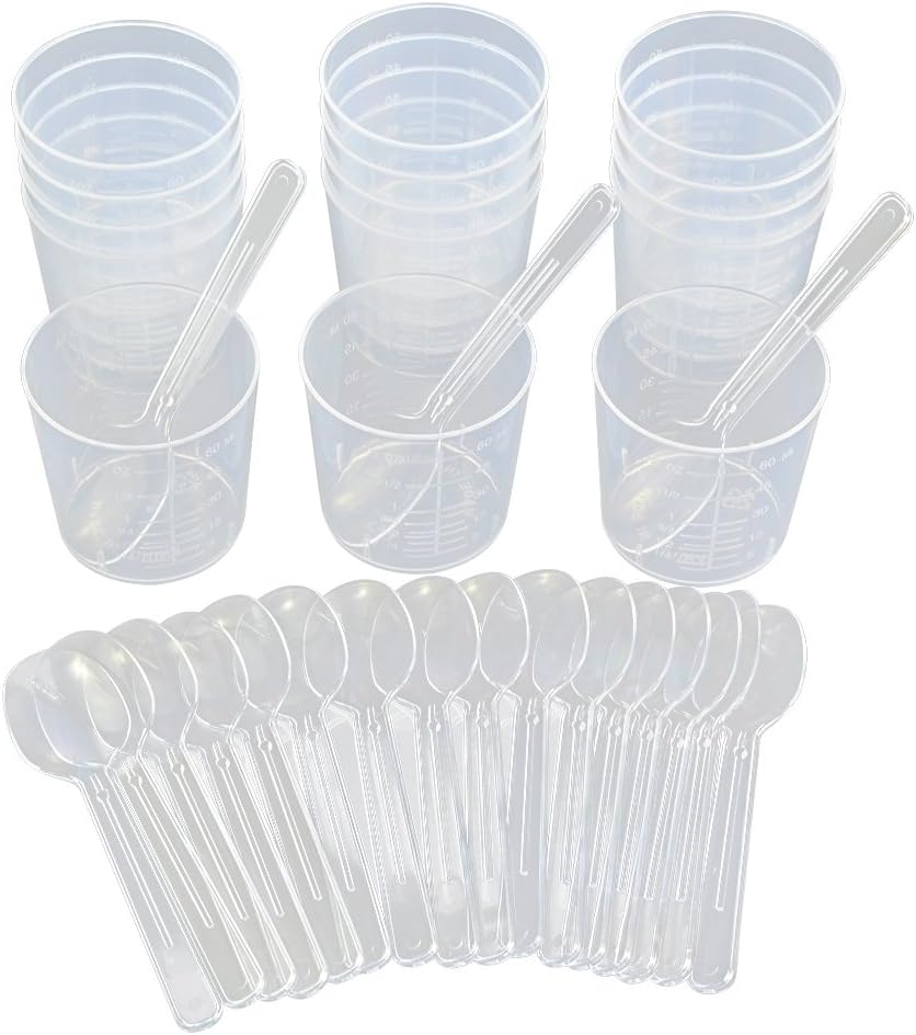 15pcs 2OZ Graduated Cups with 20pcs Plastic Applicators Sticks for Mixing Paint Stain Epoxy Resin, Wobe Mixing Cups & Stir Spoons Measuring Cups Medicine Cups Beaker Lab Cooking Liquid Container