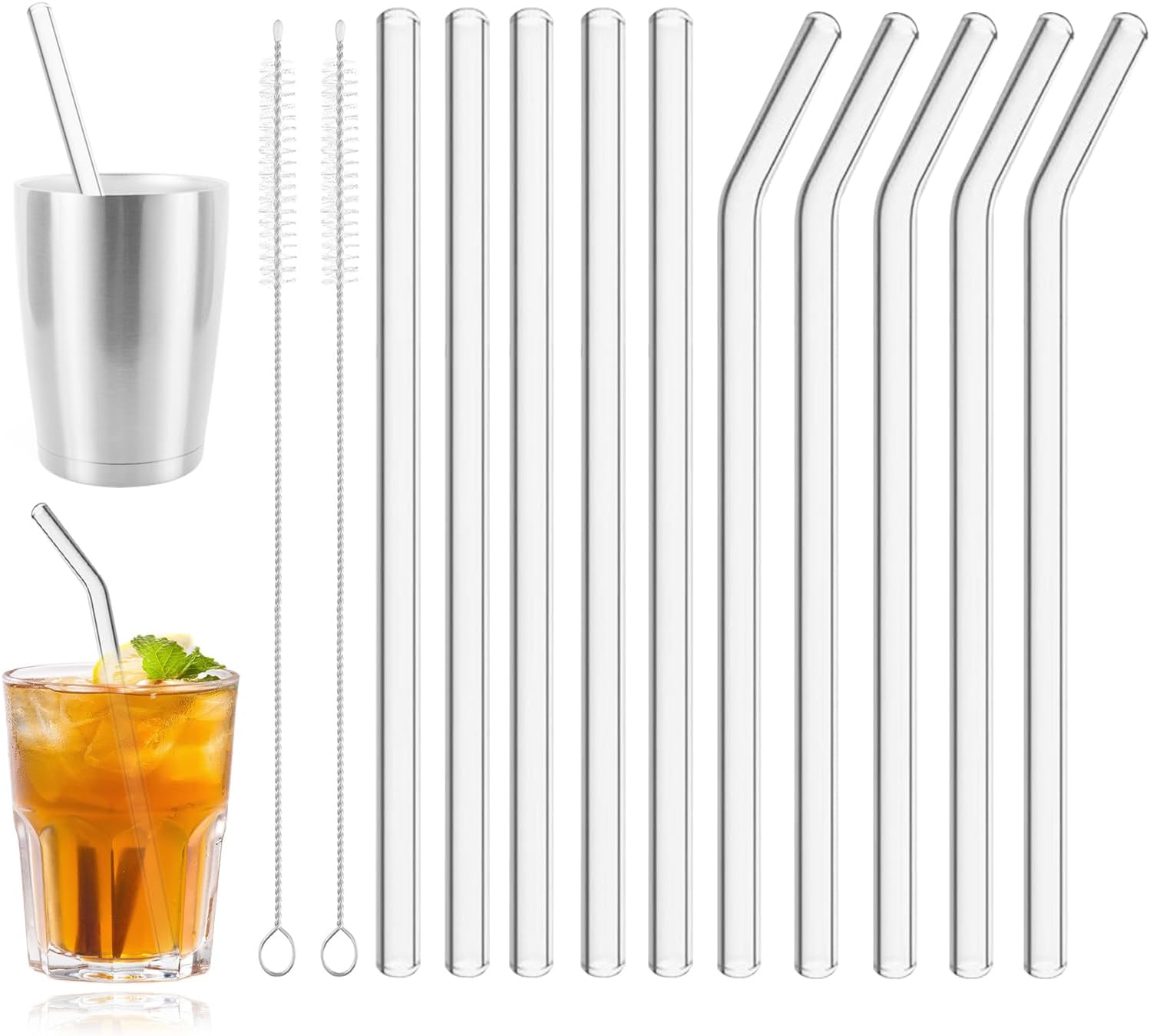 10 Pcs Colorful Glass Straws Shatter Resistant, 7” x 8mm Colored Short Glass Drinking Straws with 2 Cleaning Brush, Set of 5 Straight & 5 Bent Straws Short for Coffee, Beverages, Juices