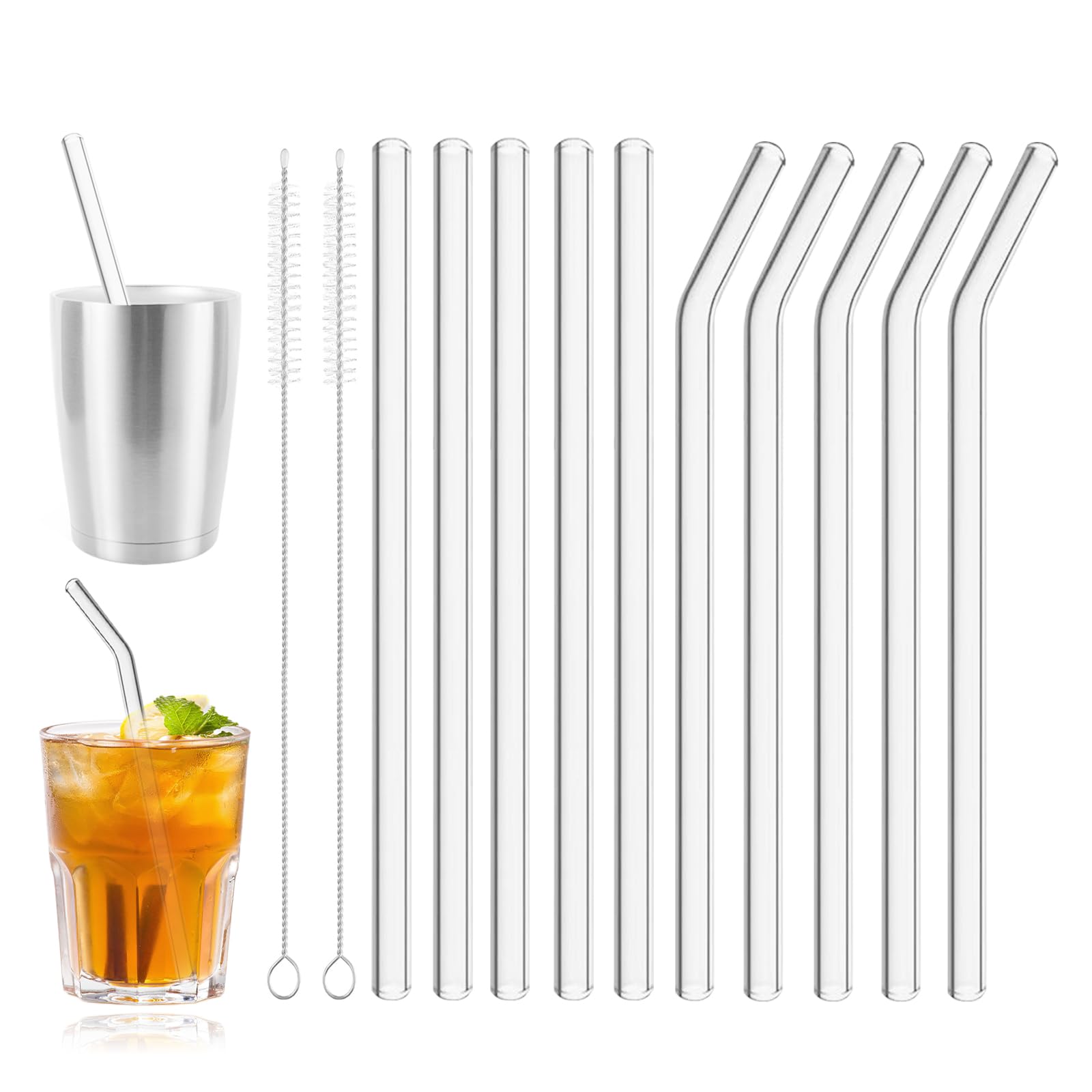 10 Pack Reusable Glass Straws, 7'' x 8mm Clear Short Glass Straws Shatter Resistant Set of 5 Straight & 5 Bent Drinking Straw with 2 Cleaning Brushes for Milk, Coffee, Juice, Tea, Cocktails-picture-24