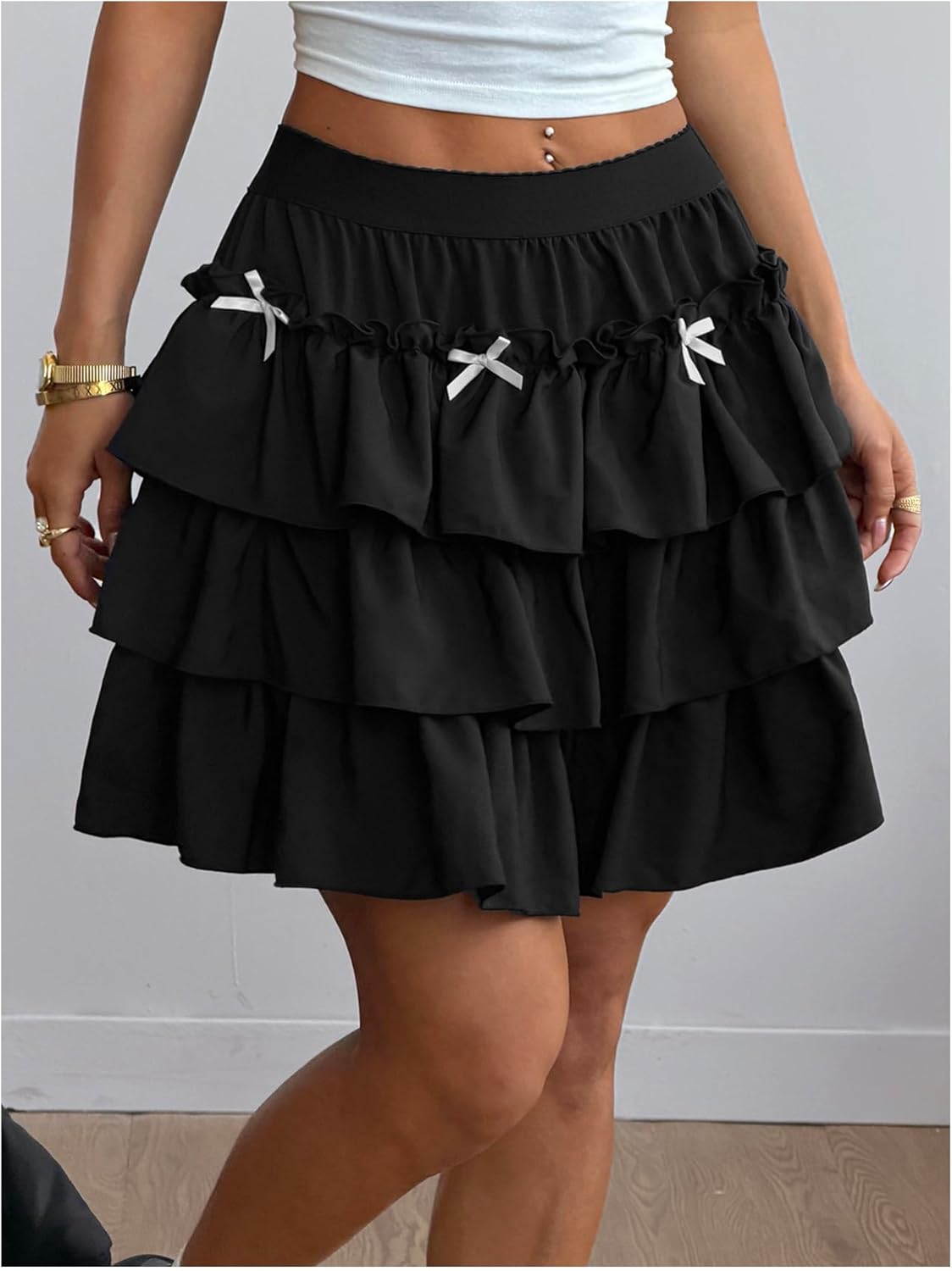 Verdusa Women's Y2K Ruffle Hem Elastic Waist Tiered Layered Flowy Bow Tie Mini Skirts - Image 2