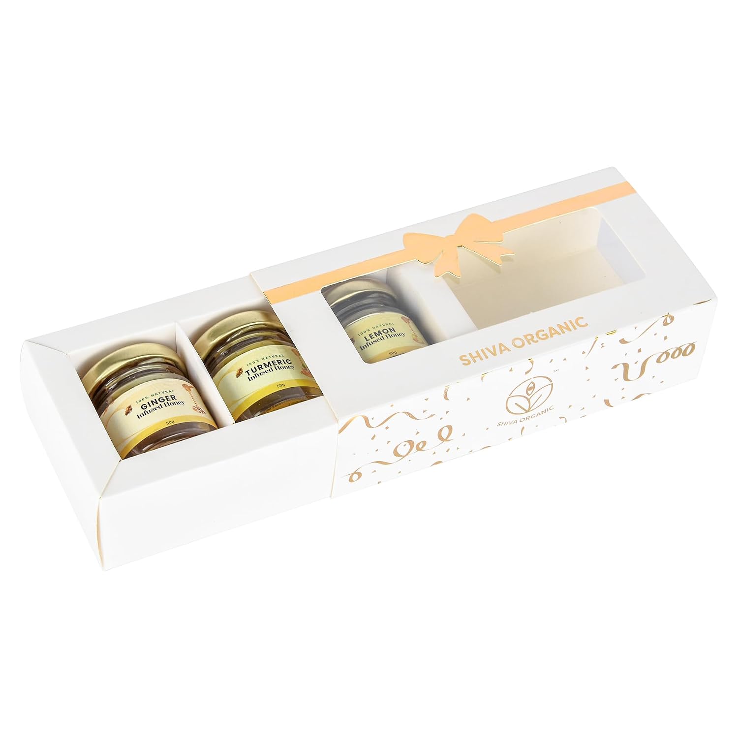 Shiva Organic White and Gold Gift Box 1.76 oz (50g Each) – Three Jar Natural Infused Honey Selection Pack | Premium Holiday and Birthday Tasting Sampler Set