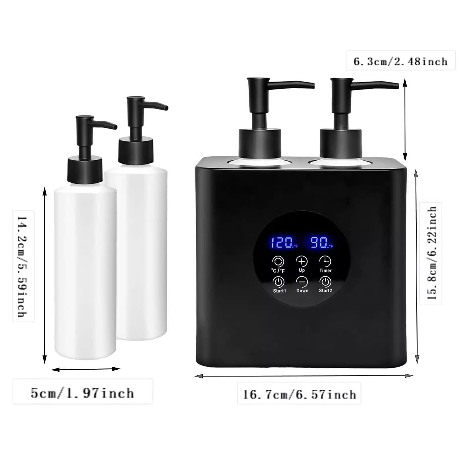 Podgrzewacz do balsamu, elektryczny podgrzewacz olejków do masażu, przenośny dozownik kremu, z 2 butelkami na olej, do użytku w spa, salonie i w domu (Black)