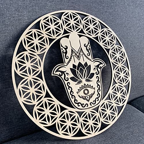 Image of 12 inch Meditation Accessories Wooden Wall Art 4 Pieces Sacred Geometry Seven Chakras Artwork Crystal Grid Board(Flower of Life,Hamsa Hand,Sri Yantra,Union Sun Moon)Home Decor for Yoga Spiritual Gifts