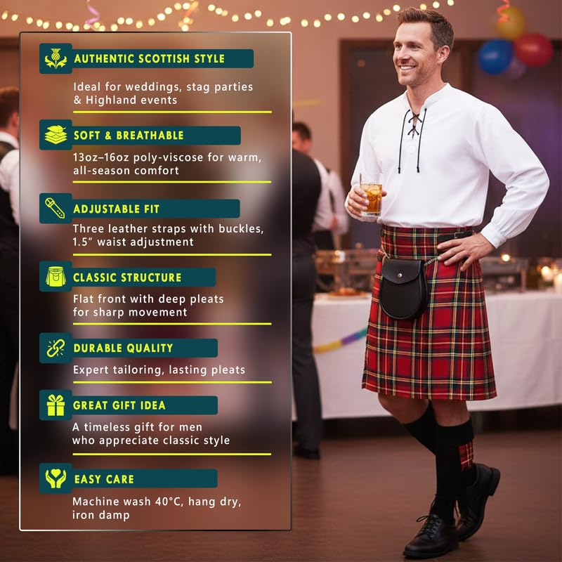 Men’s 5 Yard Tartan Kilt, Authentic Scottish Tartans, Adjustable Leather Straps, Soft Non-Itchy Fabric, Comfortable Fit - Image 3